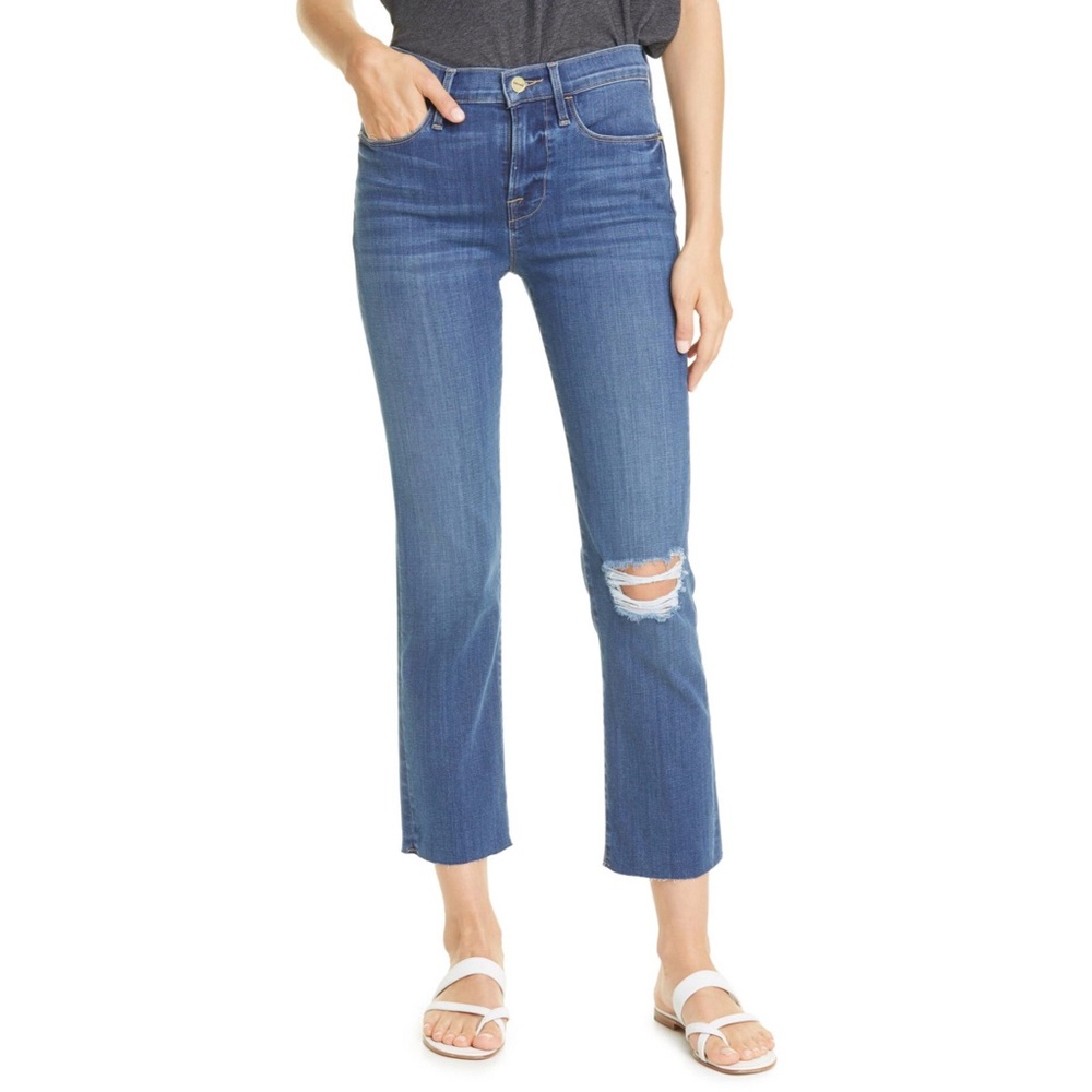 Frame Le High Raw Hem Ankle Straight Leg Jeans -Stallion Rips
